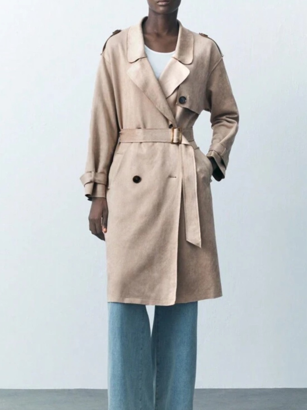 Faux suede Beige cream light tan Trench Coat - Picture 4 of 7